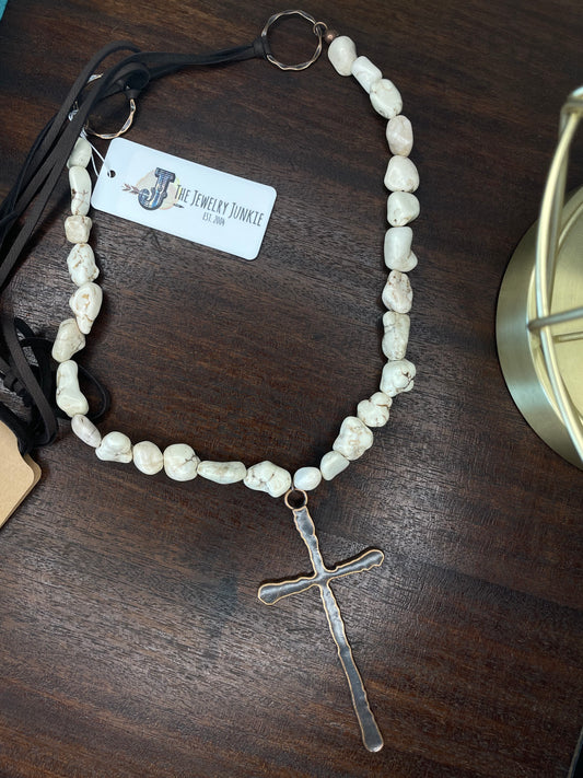 Chunky White Turquoise Necklace with Copper Cross Pendant