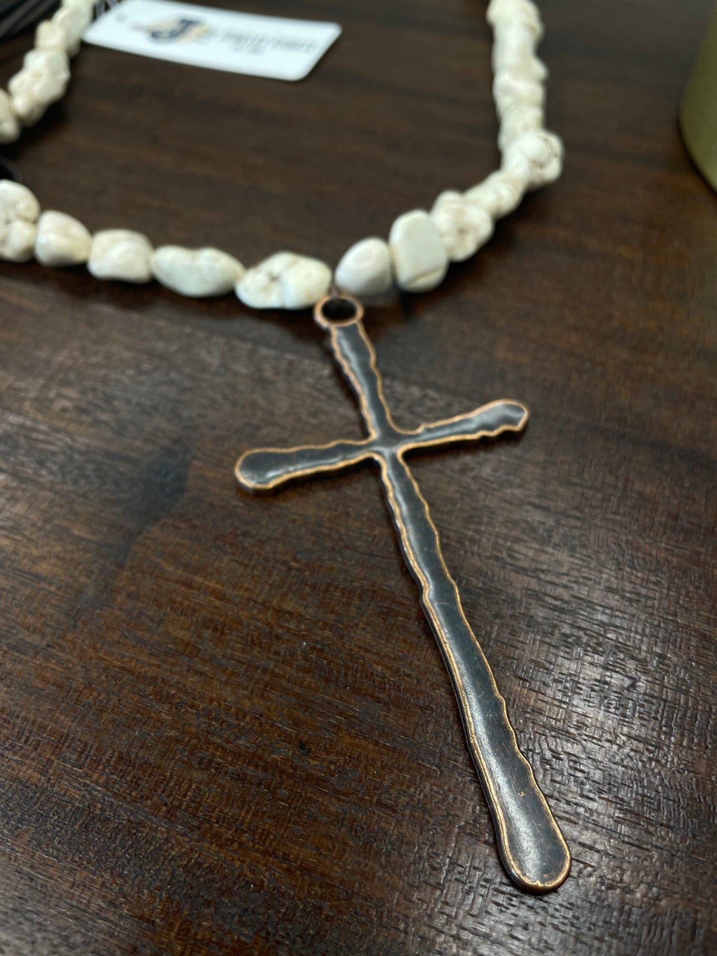 Chunky White Turquoise Necklace with Copper Cross Pendant