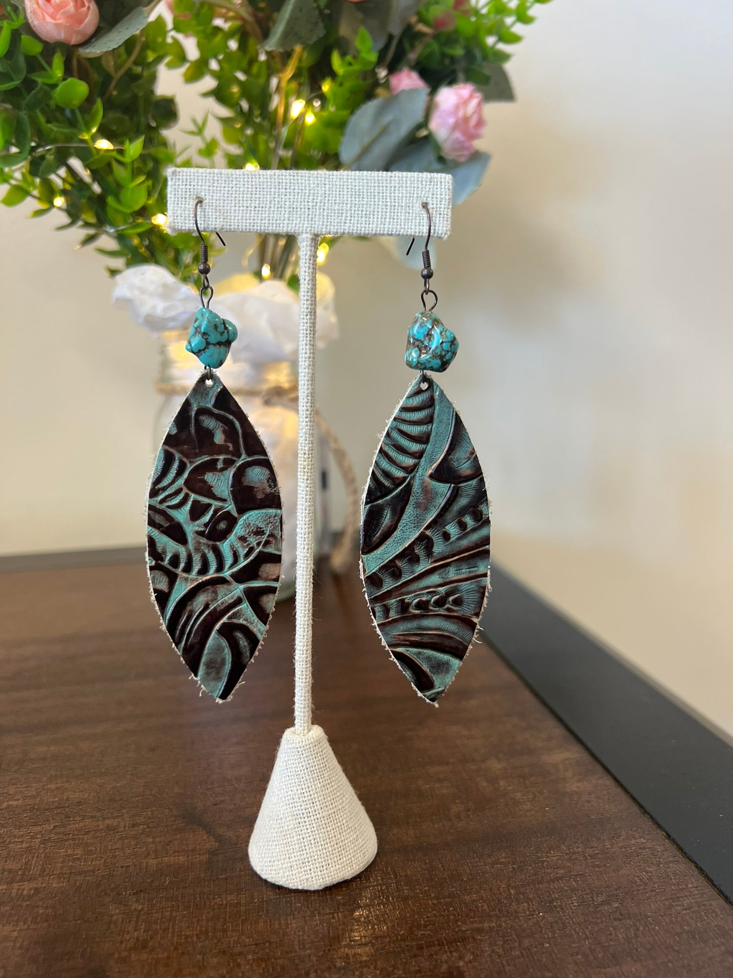 Leather Floral Earrings w/ Turquoise Accent