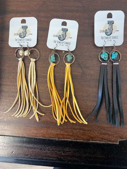 Turquoise Drop Earrings with Leather Tassel