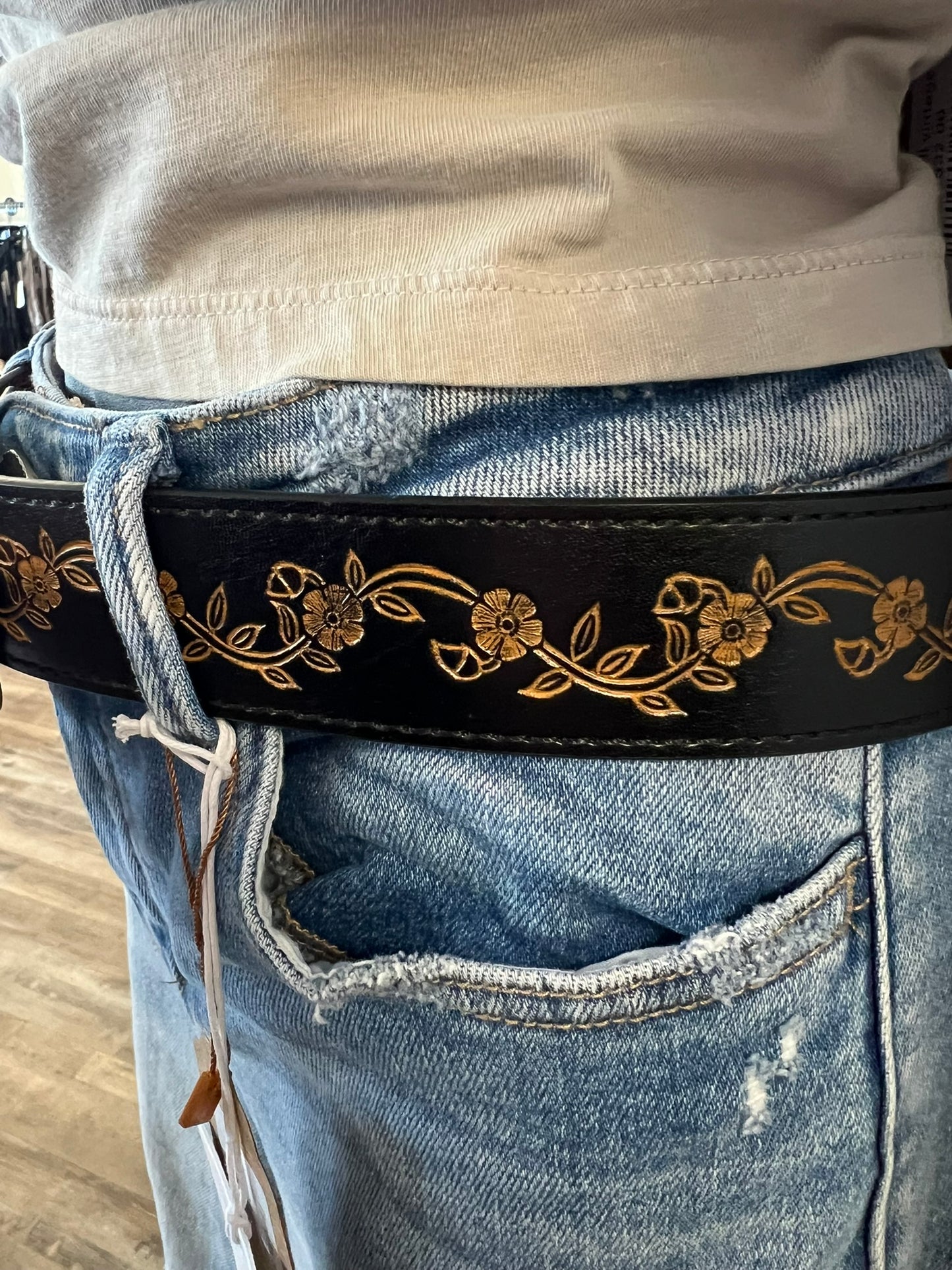 Floral Tooled Black Belt