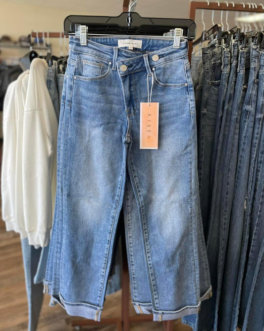 Risen Cross Over Straight Leg Jeans