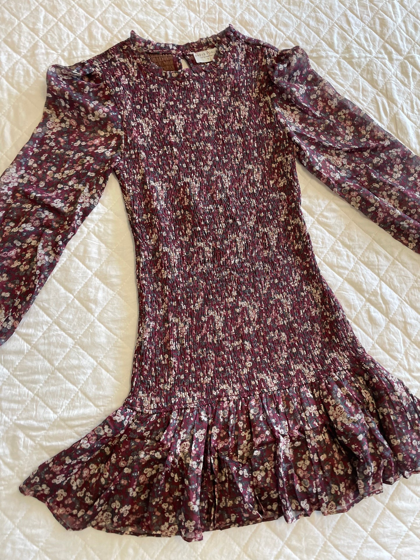 Burgundy Floral Ruffle Long Sleeve Dress