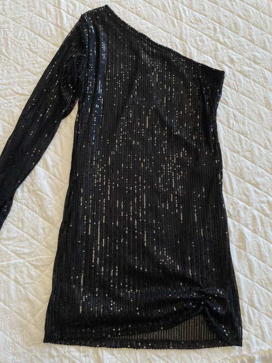 One Sleeve Black Sequin Mini Dress