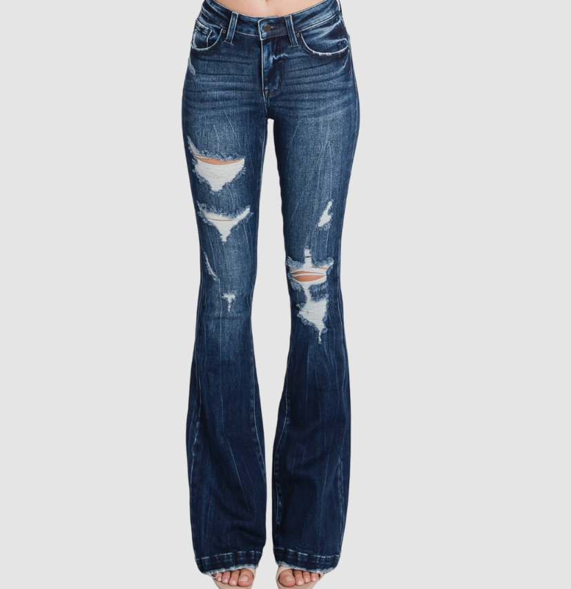 Distressed Mid Rise Stretch Flare