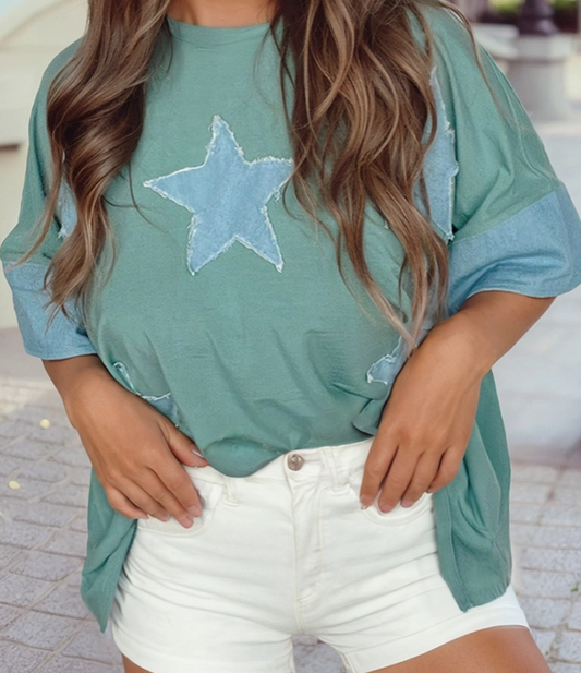 Frayed Star Denim Patchwork Oversized Tee