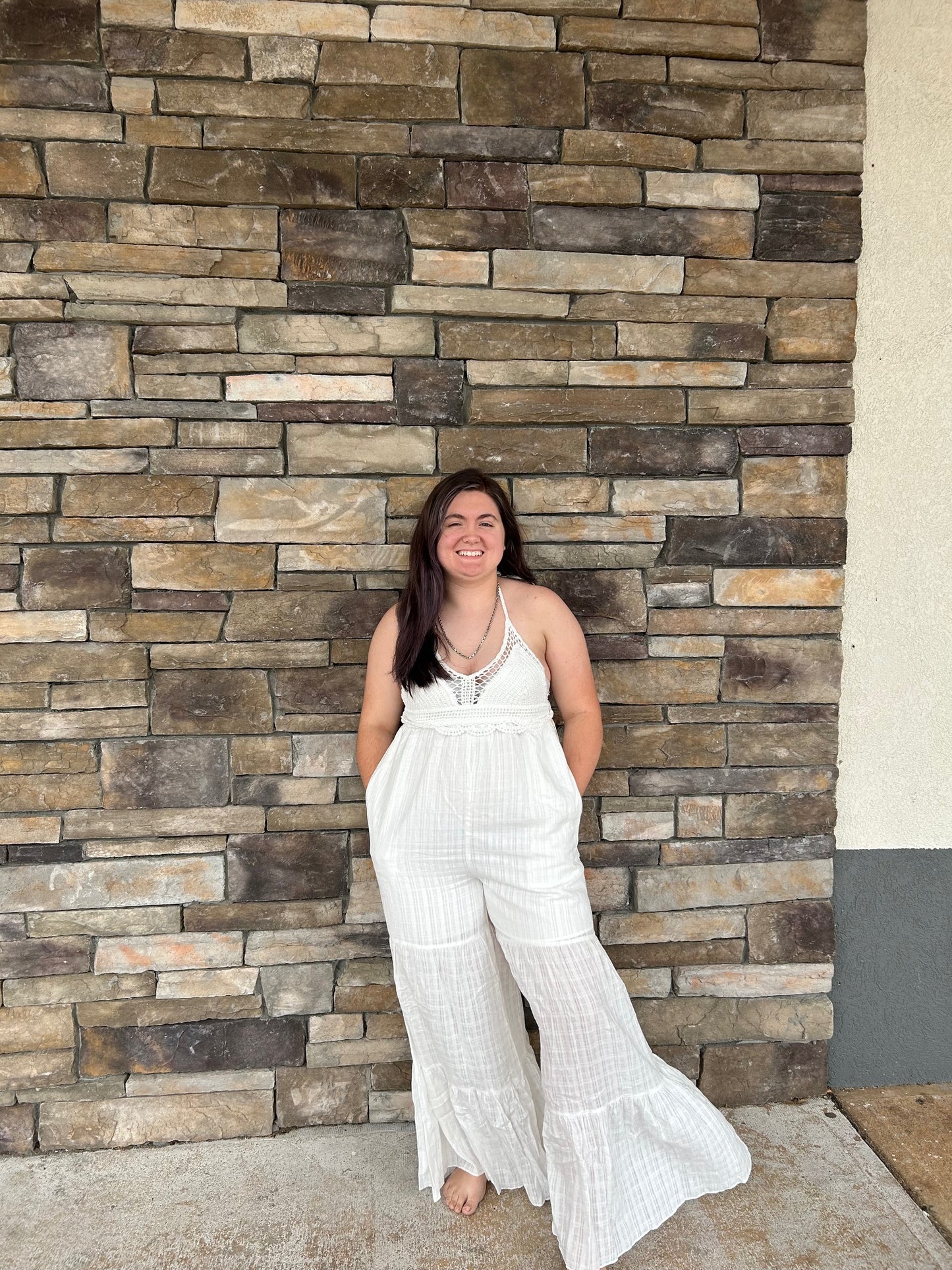 Off White Crochet Halter Neck Jumpsuit