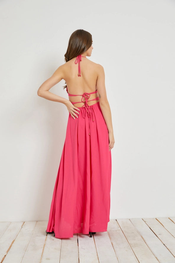 Pink Tie Back Slit Halter Dress