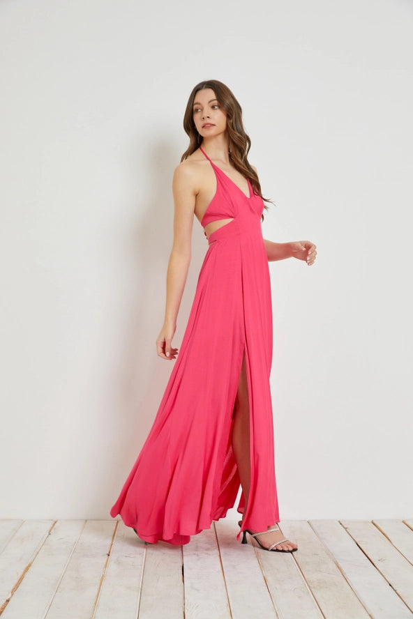 Pink Tie Back Slit Halter Dress